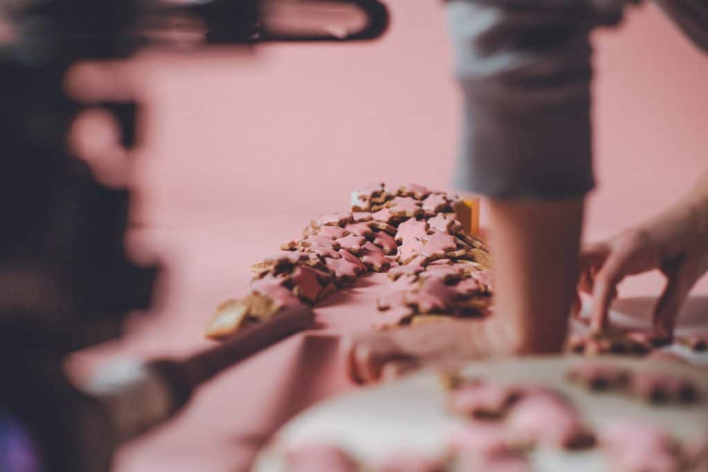 Pink cookies in the filming set